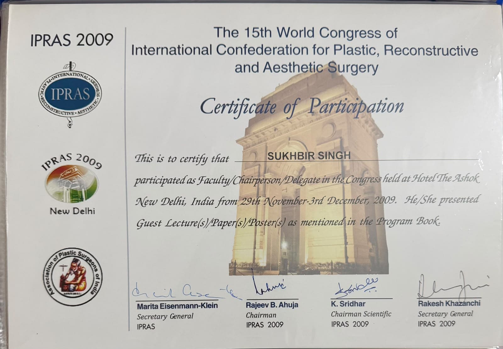 15th IPRAS World Congress certificate, International Confederation for Plastic, Reconstructive and Aesthetic Surgery, New Delhi