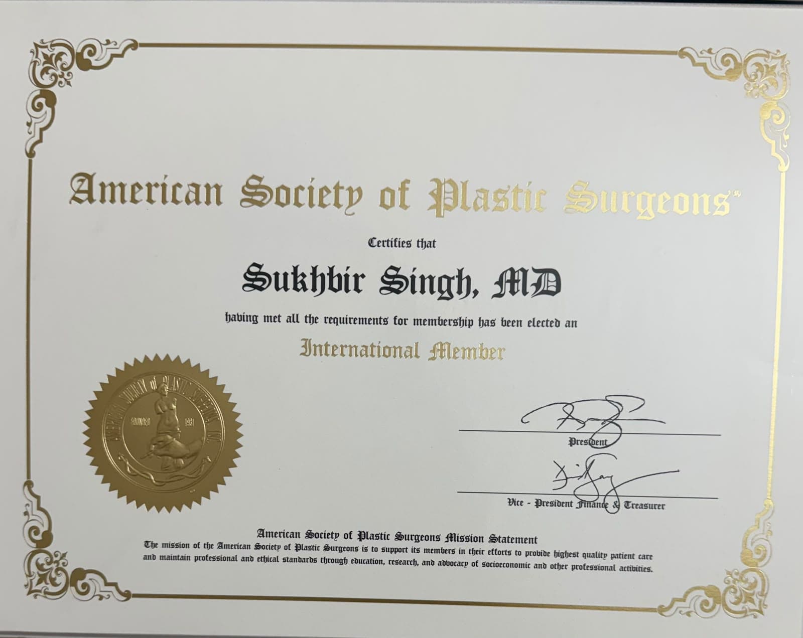 International Member certificate, American Society of Plastic Surgeons (ASPS)