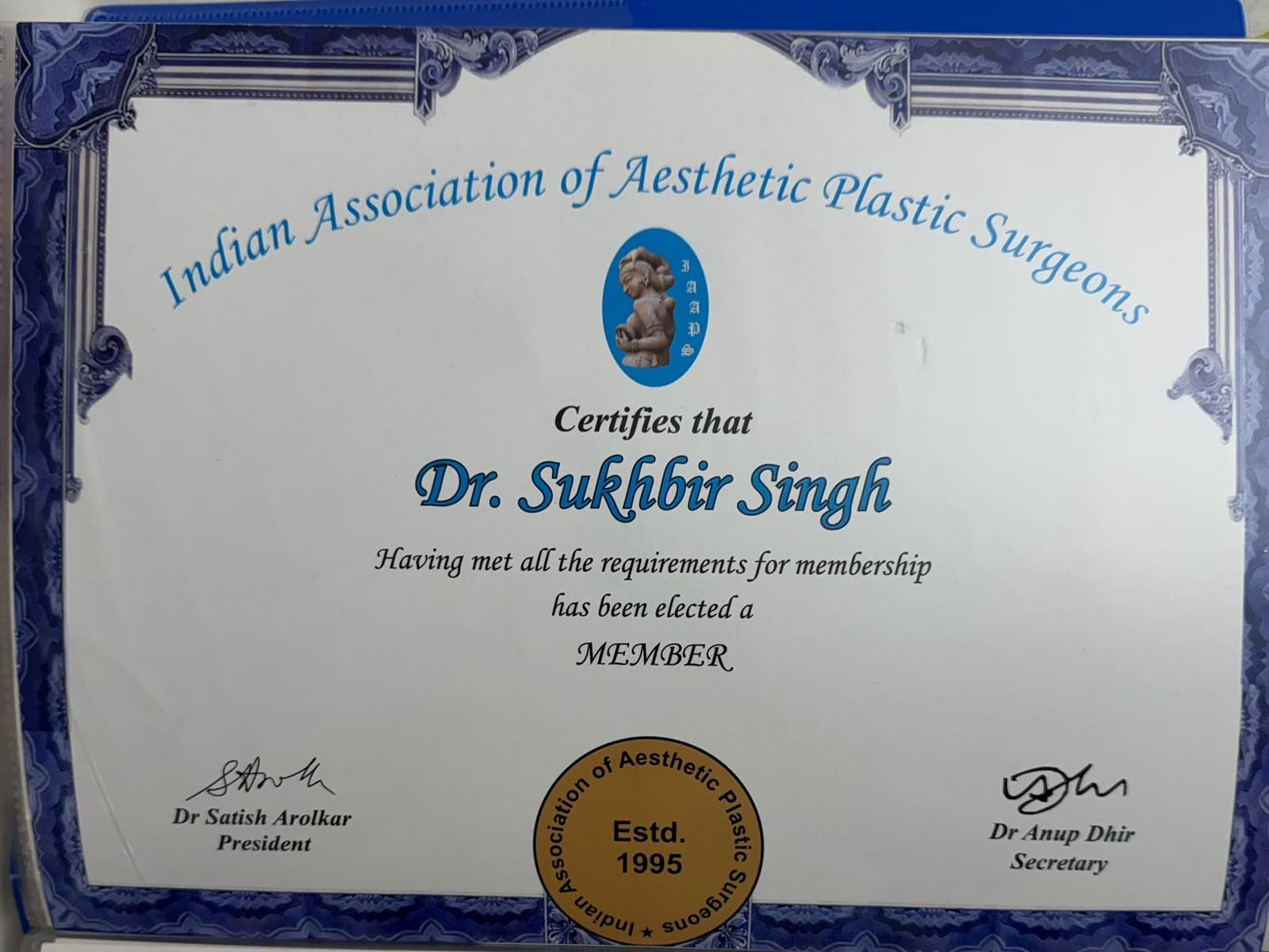 Member certificate, Indian Association of Aesthetic Plastic Surgeons (IAAPS)