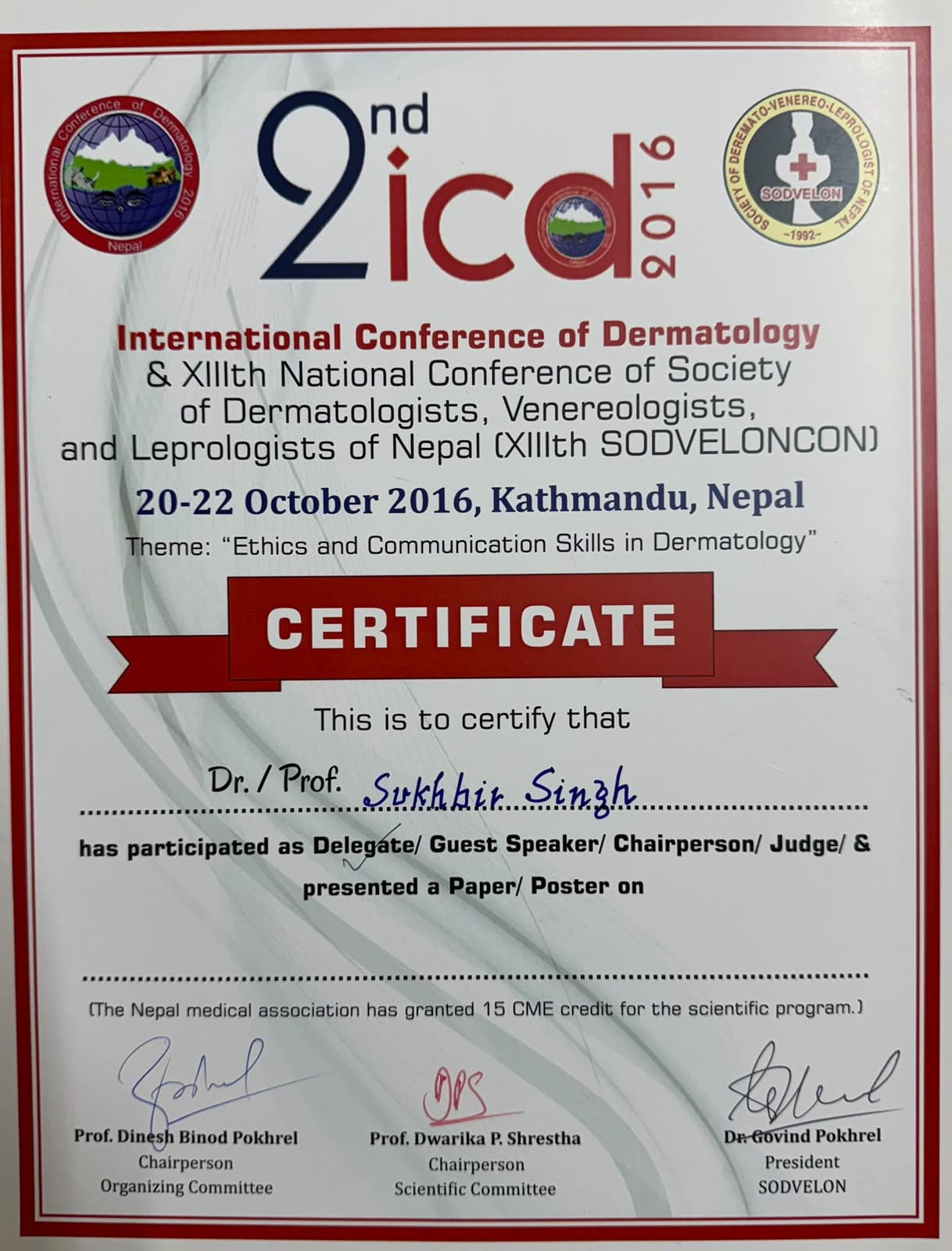 2nd International Conference of Dermatology certificate, SODVELON, Kathmandu, Nepal