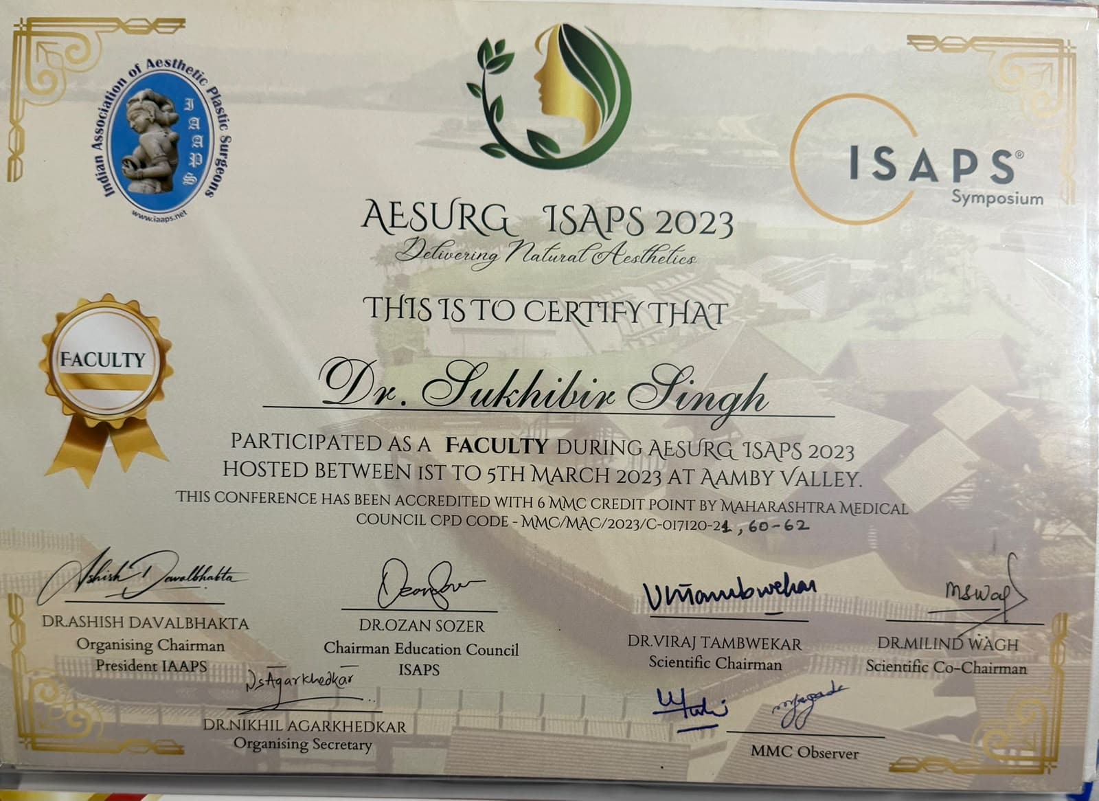 Faculty, AESURG ISAPS 2023 certificate, IAAPS & ISAPS Symposium, Aamby Valley