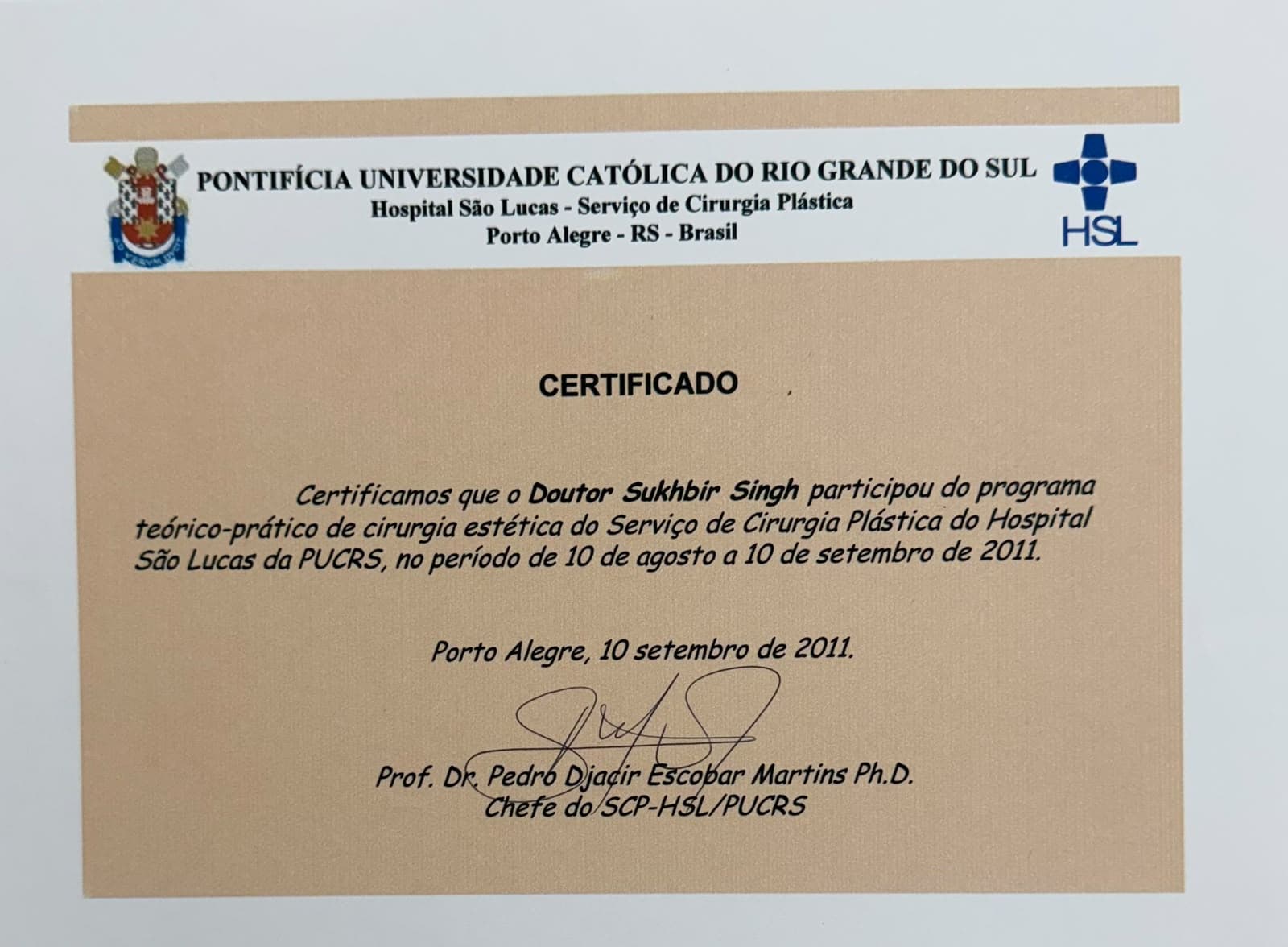 Aesthetic Surgery Training Programme certificate, Hospital São Lucas, PUCRS, Porto Alegre, Brazil