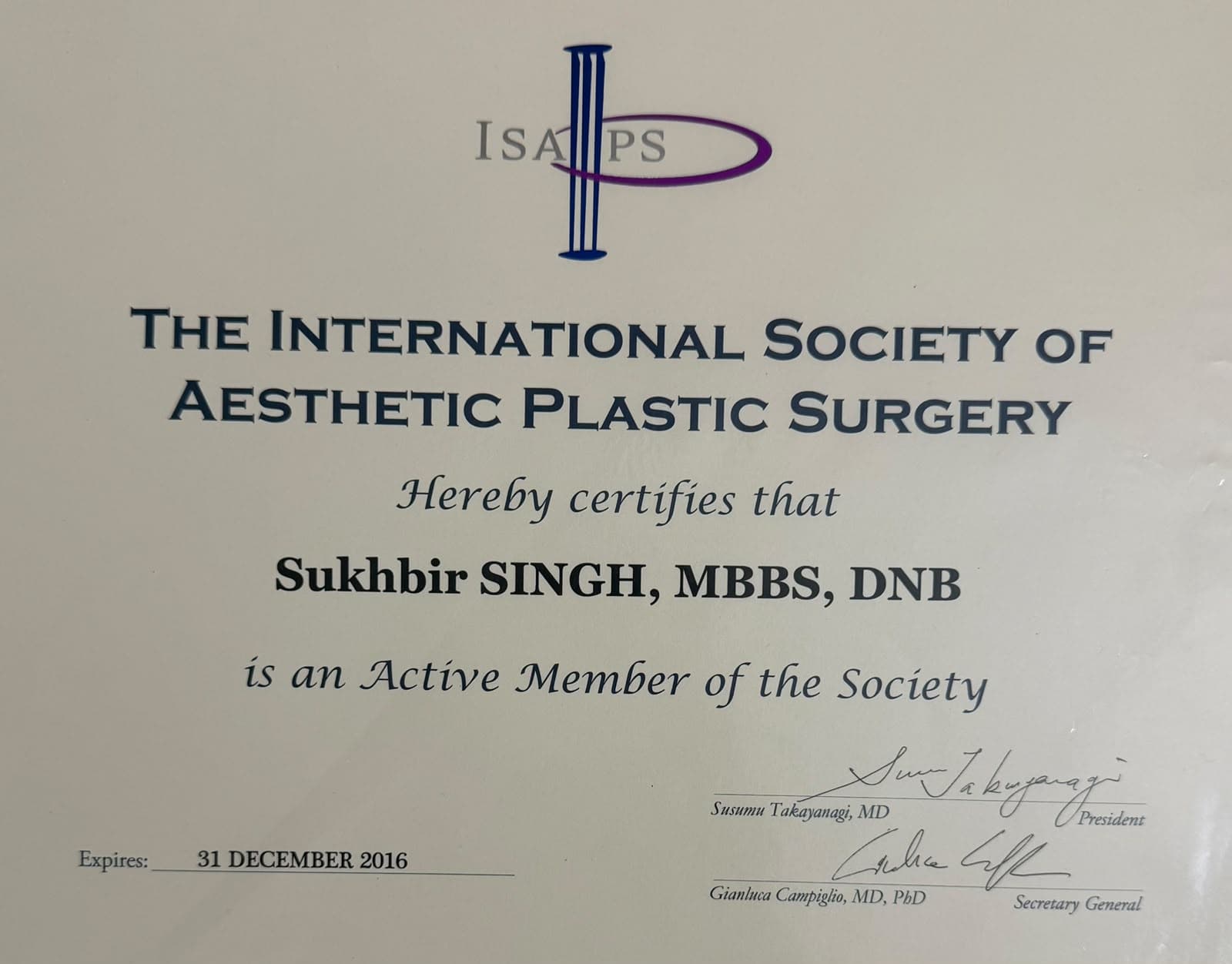 Active Member certificate, International Society of Aesthetic Plastic Surgery (ISAPS)