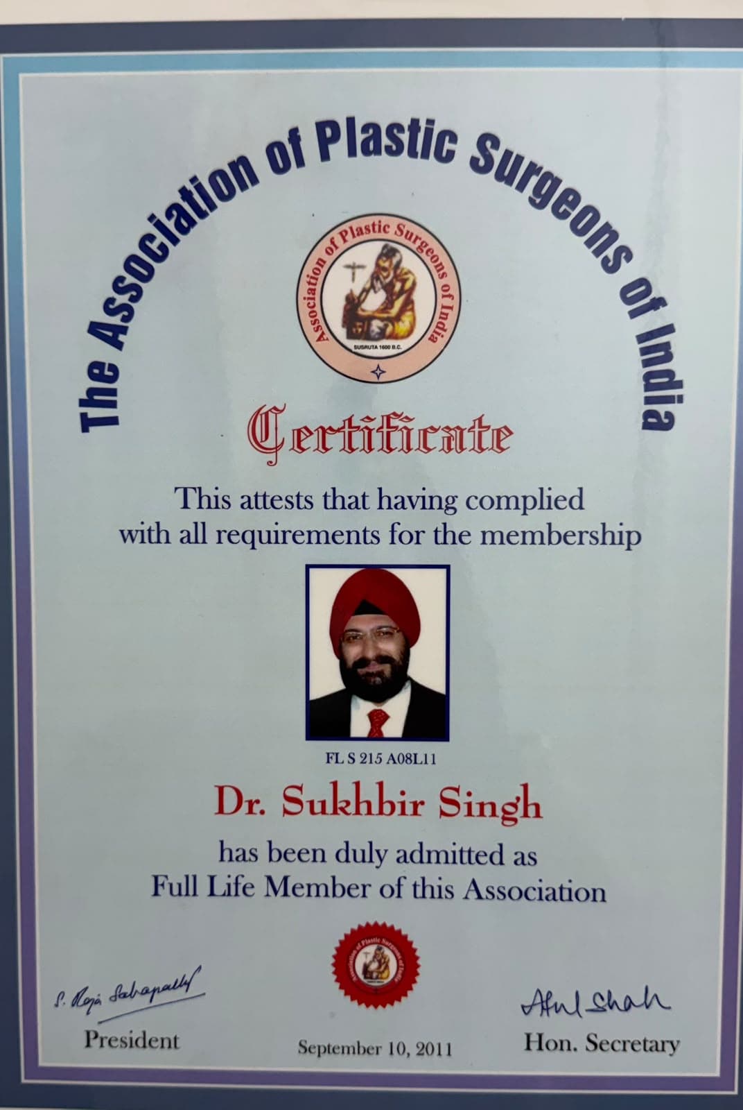 Full Life Member certificate, Association of Plastic Surgeons of India (APSI)