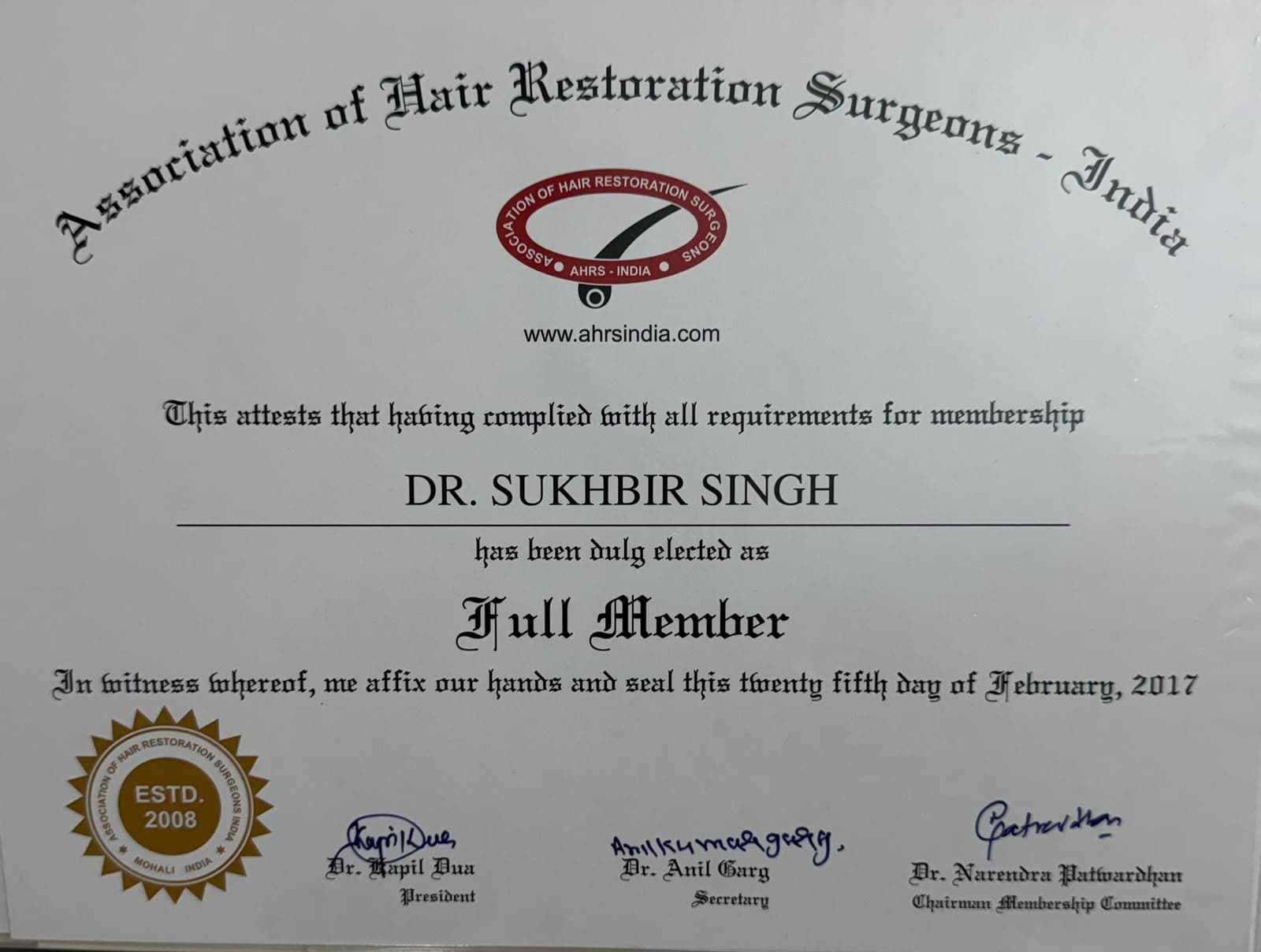 Full Member certificate, Association of Hair Restoration Surgeons – India (AHRS)