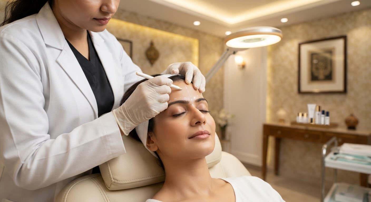 Doctor marking dynamic injection points on a patient's forehead