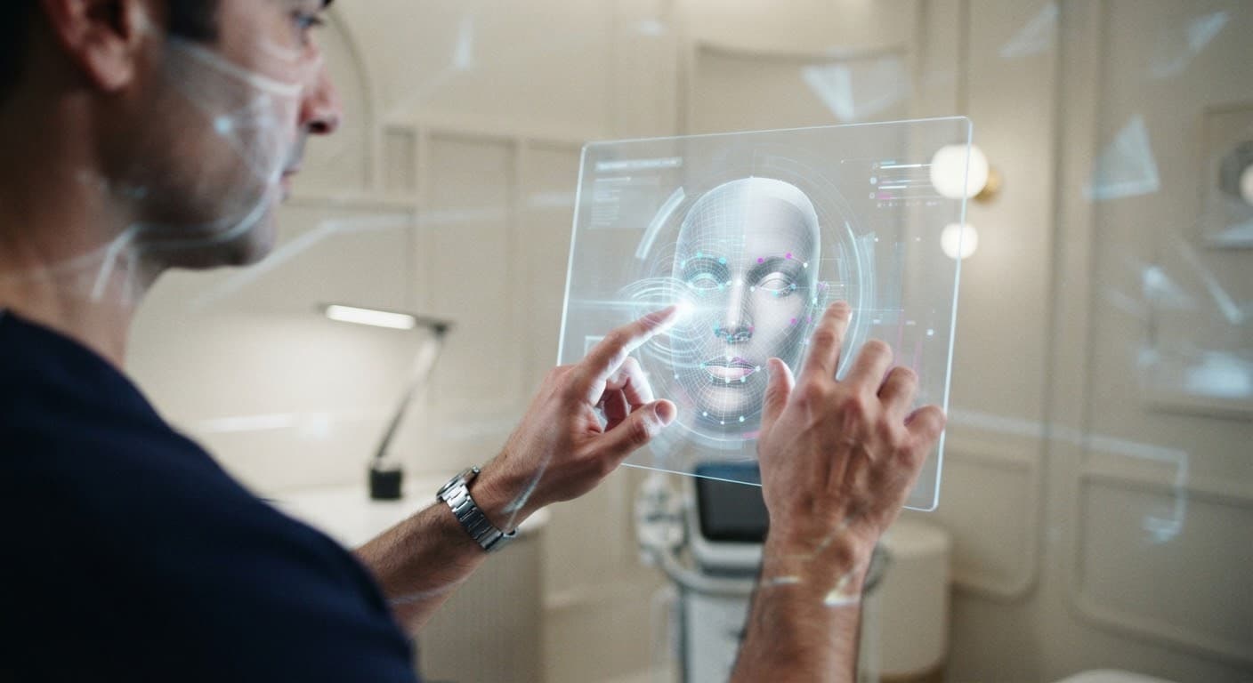 Doctor demonstrating 3D facial morphing analysis
