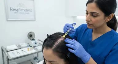 Clinical sterile preparation and micro-injection of autologous Platelet-Rich Plasma PRP into the scalp dermis with precision gold micro-cannula needles.
