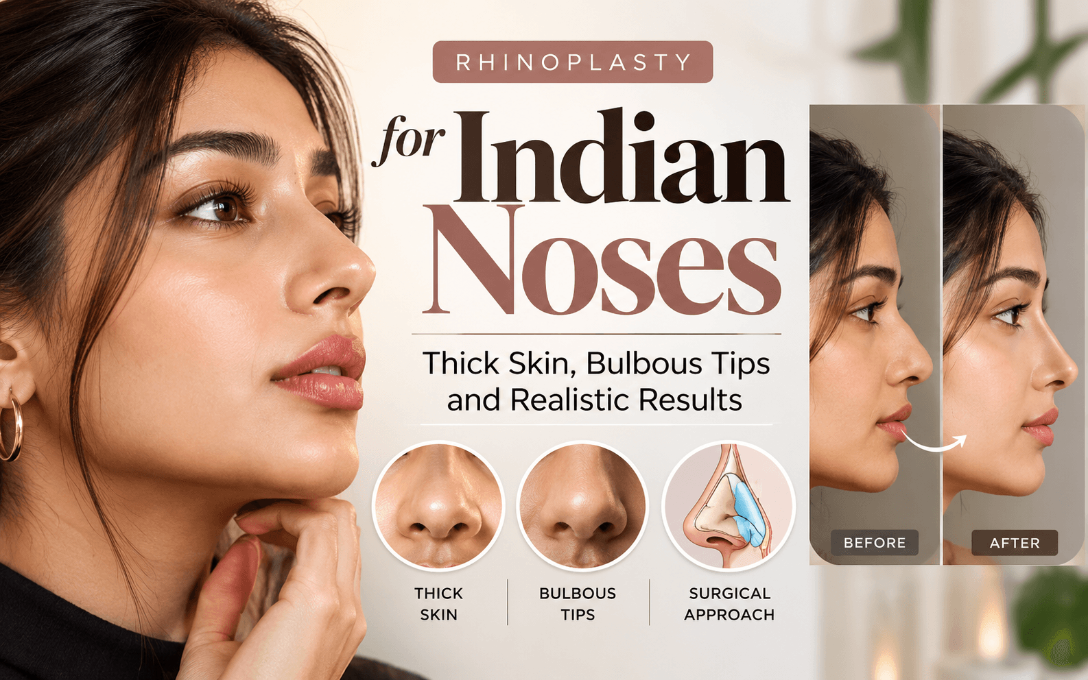 Indian rhinoplasty guide showing thick nasal skin, bulbous nose tips, surgical anatomy, and realistic rhinoplasty results.