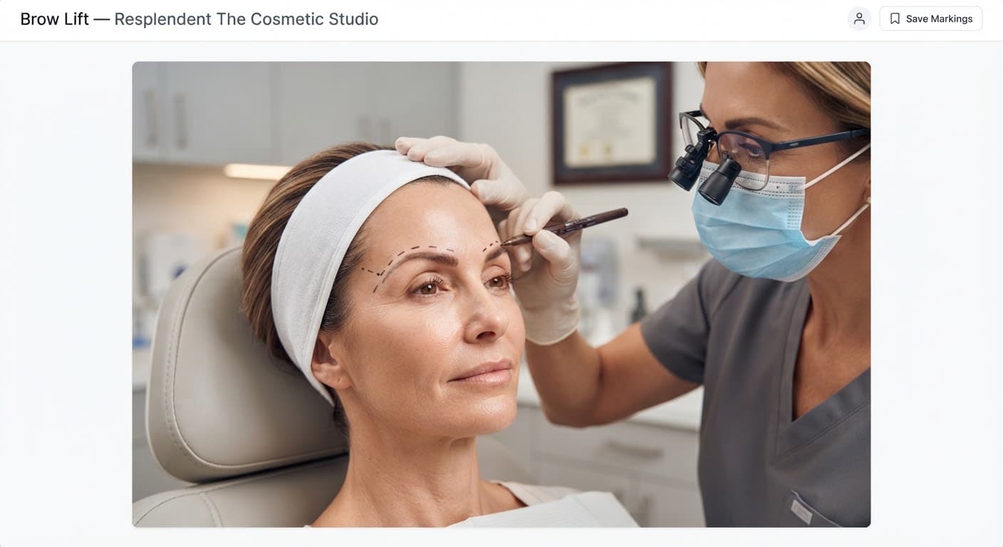 Surgeon marking brow elevation vectors along a patient's eyebrow arch